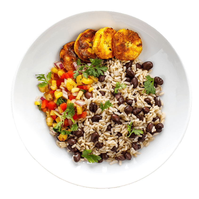 A plate of carribbean rice and beans with a side of plantains and a pineapple pico de gallo